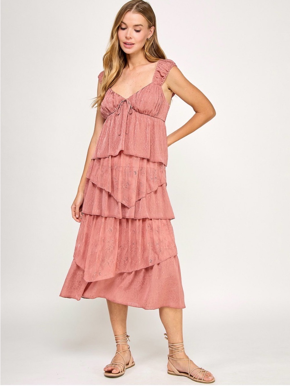 Ruffled Tiered Midi Dress in Dusty Rose
